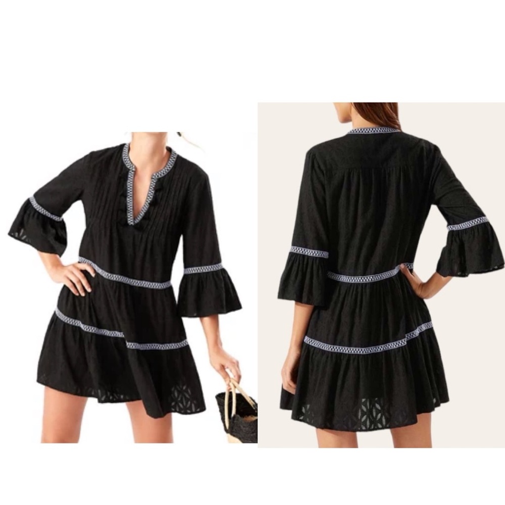 Tommy Bahama Black Cotton Clip Embroidered Tier Dress Size Small NEW *TINY FLAW*